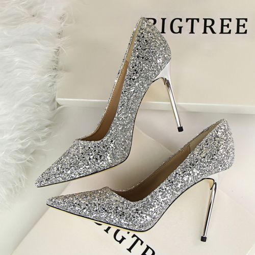 Chaussures de printemps femme en tissu Sequin BIGTREE pointu paillette, ouverture profonde- Europe - semelle caoutchouc R