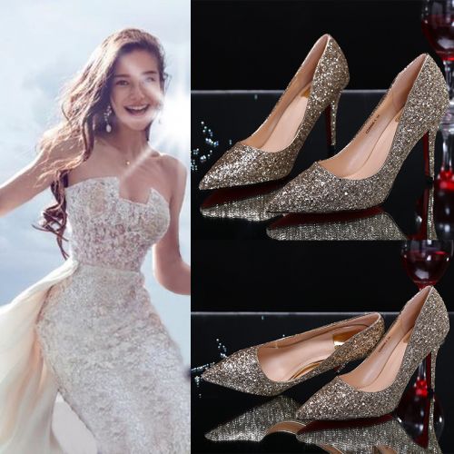 Chaussures de printemps femme en tissu Sequin pointu ouverture profonde, paillette - semelle caoutchouc Ref 999316