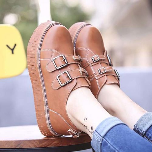 Chaussures de printemps femme en PU ronde Génoise, boucle ceinture - semelle caoutchouc Ref 999431