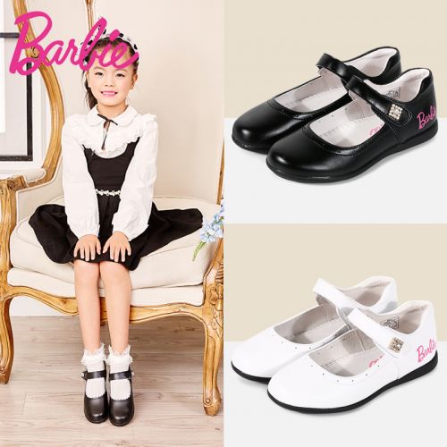 Chaussures enfants en cuir de vache fendu BARBIE ronde avec perles pour printemps - semelle caoutchouc Ref 1005106