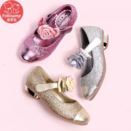 Chaussures enfants en cuir de vache fendu FOLLOW ME ronde paillette pour printemps - semelle TPR Ref 1009412
