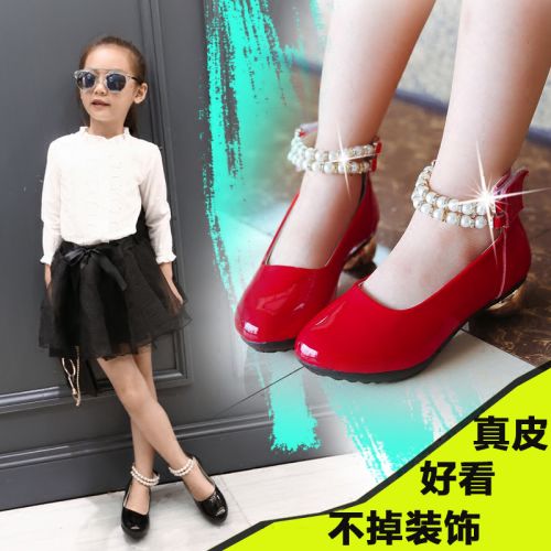 Chaussures enfants en cuir de vache fendu ronde avec perles pour printemps - semelle Ref 1010015