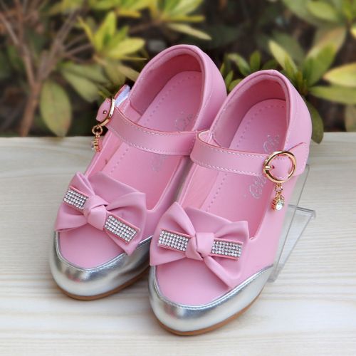 Chaussures enfants en cuir de vache fendu ronde avec perles pour printemps - semelle TPR Ref 1014532