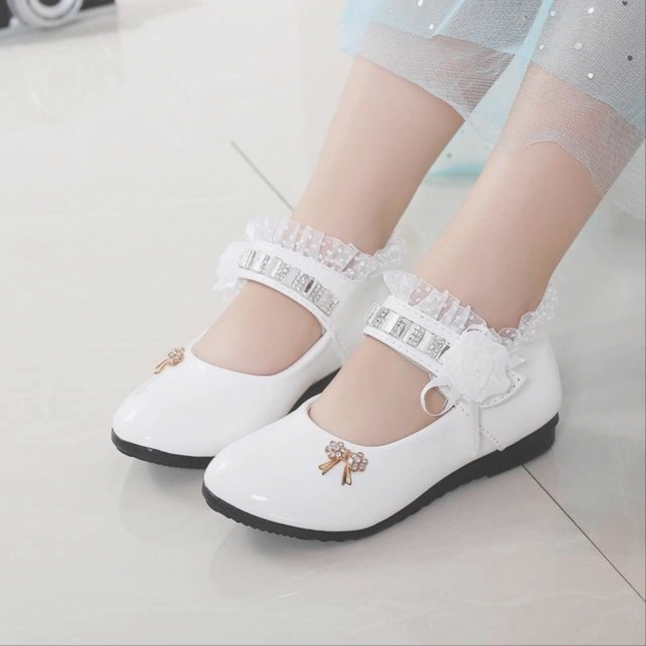 Chaussures enfants en PU ronde avec perles pour printemps - semelle caoutchouc Ref 1019449