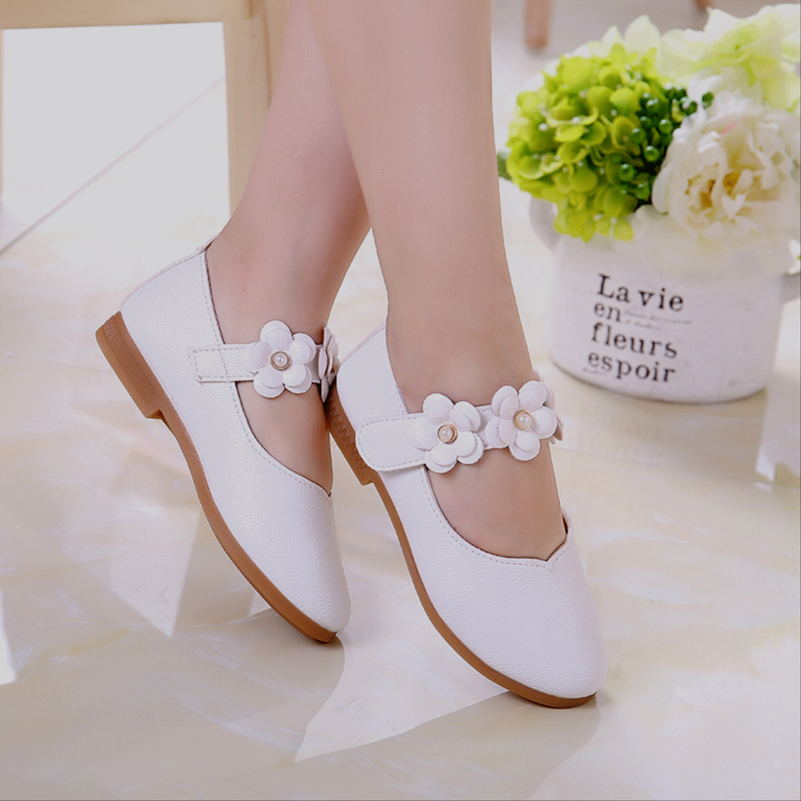 Chaussures enfants en cuir de vache fendu ronde brodé pour Toute saison - Ref 1023520