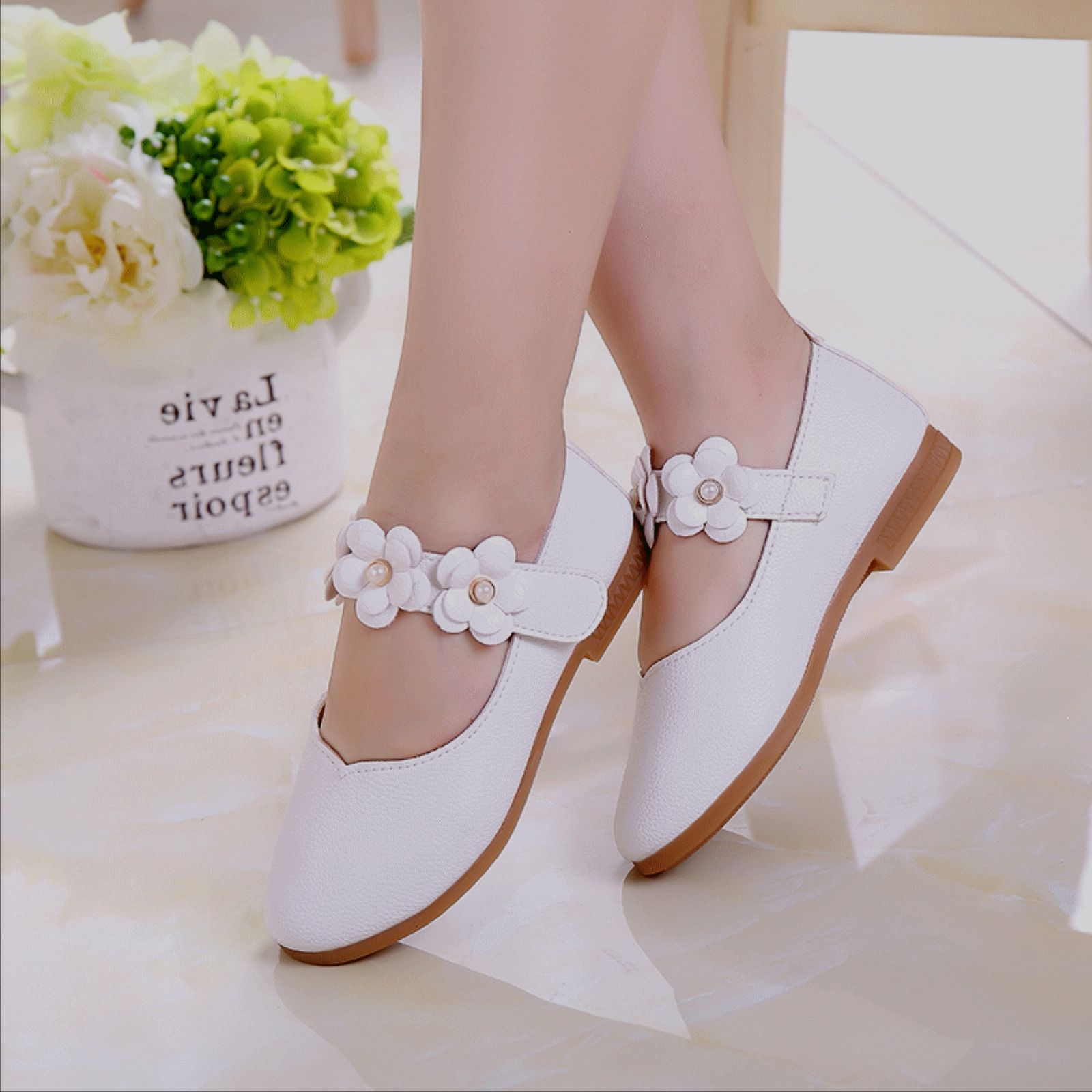 Chaussures enfants en cuir de vache fendu ronde brodé pour Toute saison - Ref 1023661