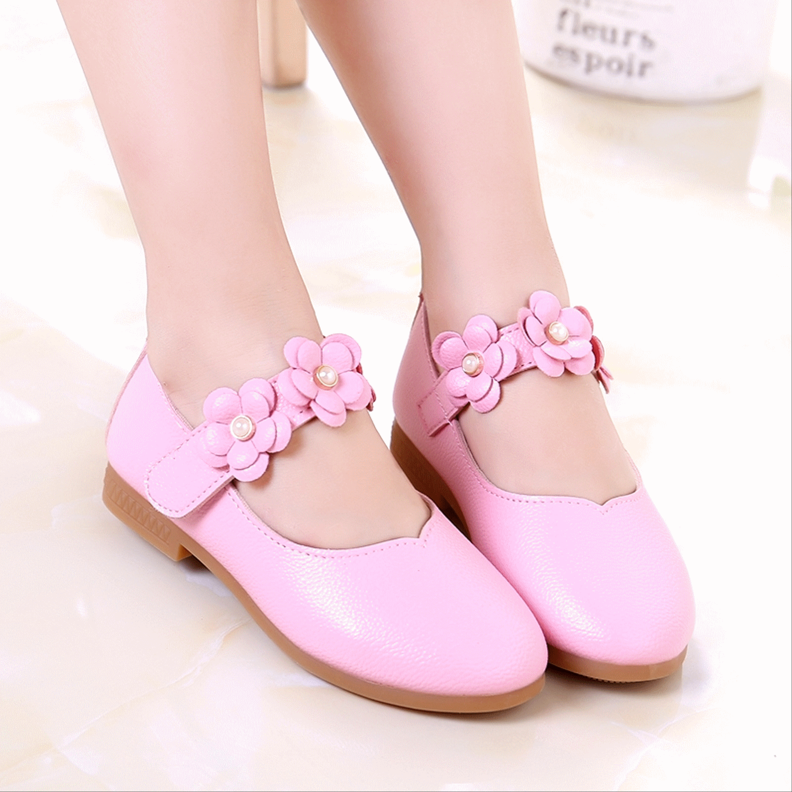 Chaussures enfants en cuir de vache fendu ronde avec perles pour printemps - Ref 1023687