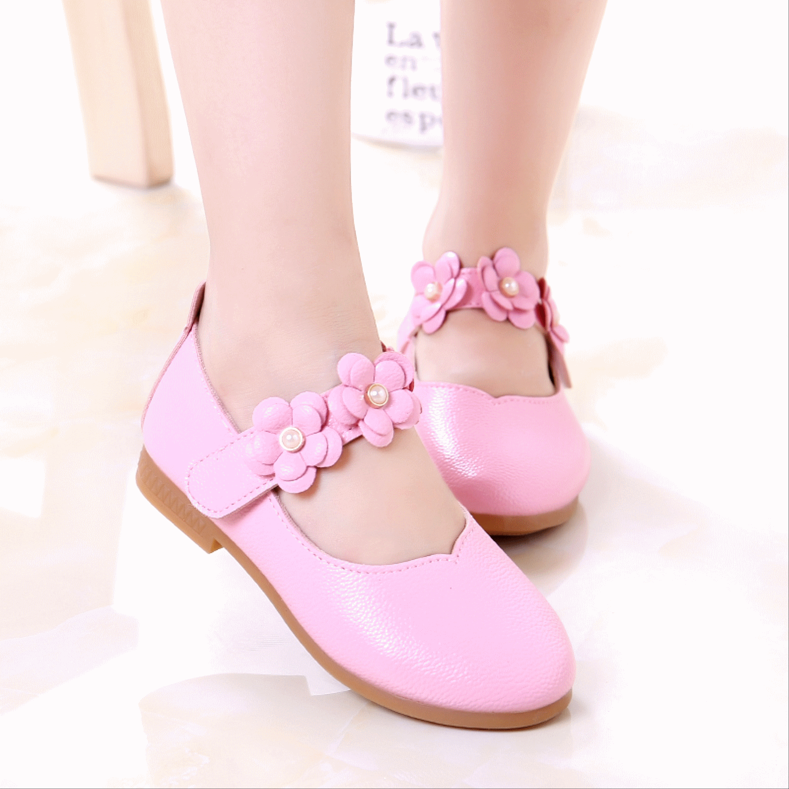 Chaussures enfants en cuir de vache fendu ronde brodé pour Toute saison - Ref 1024777