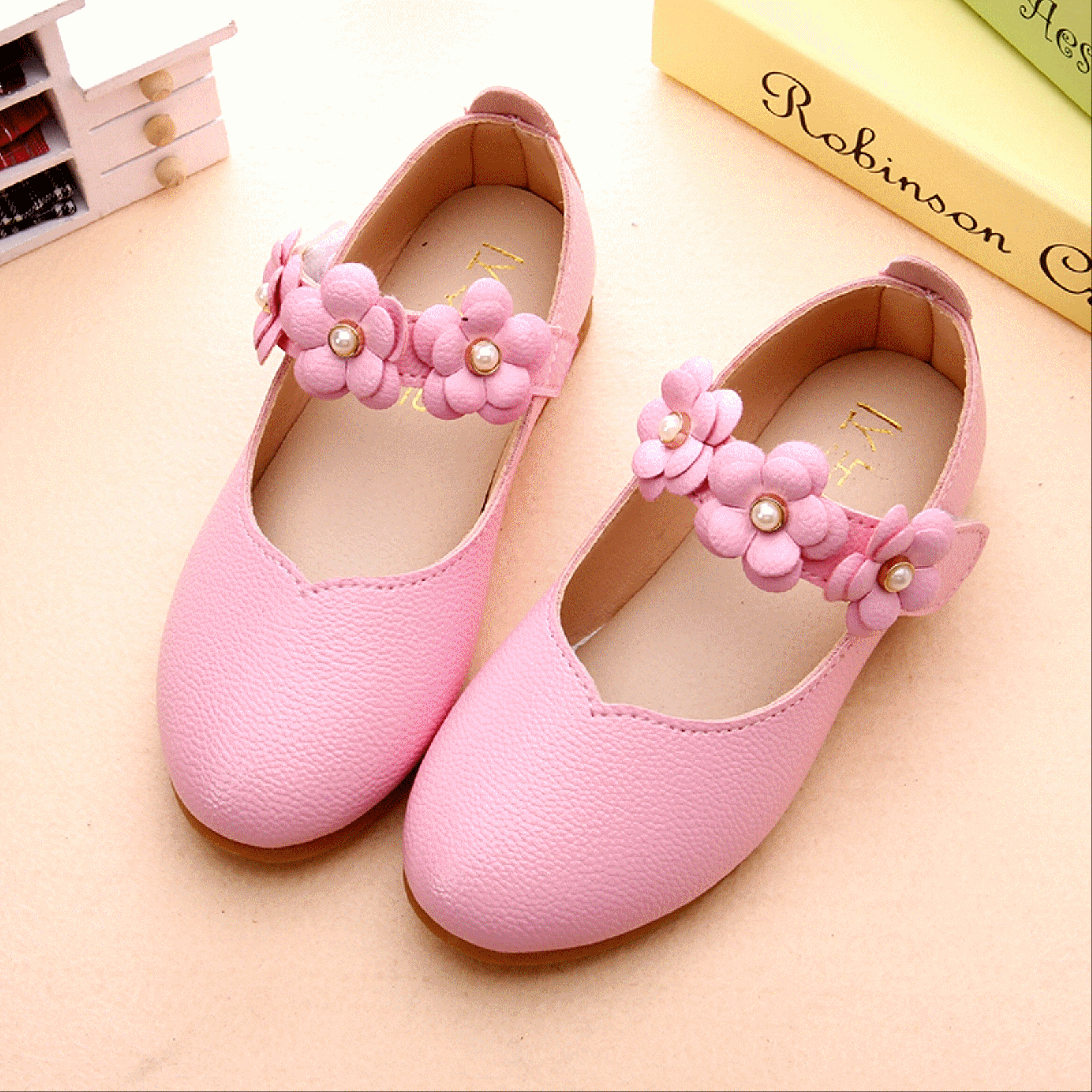 Chaussures enfants en cuir de vache fendu ronde brodé pour Toute saison - Ref 1025133