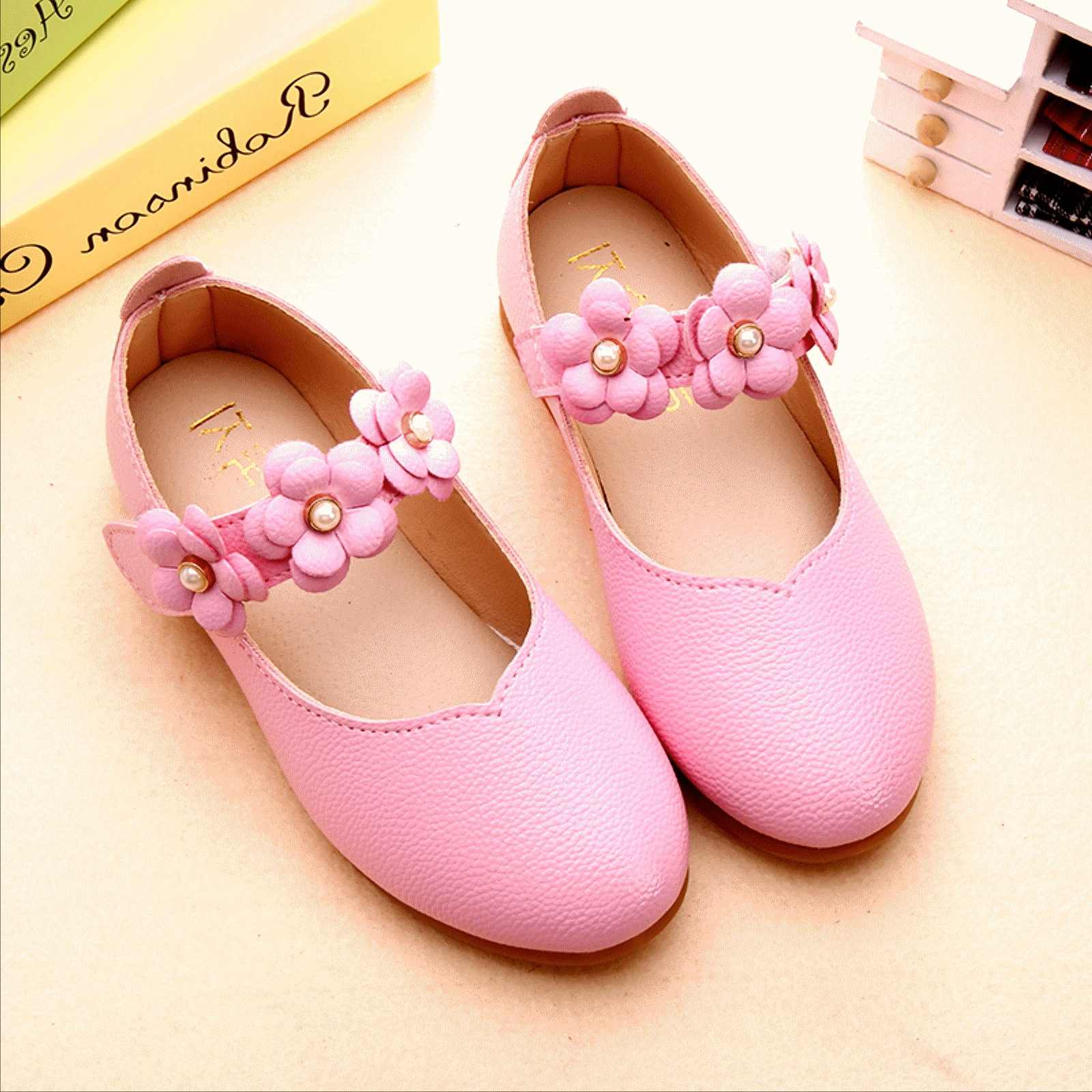 Chaussures enfants en cuir de vache fendu ronde brodé pour Toute saison - Ref 1025166