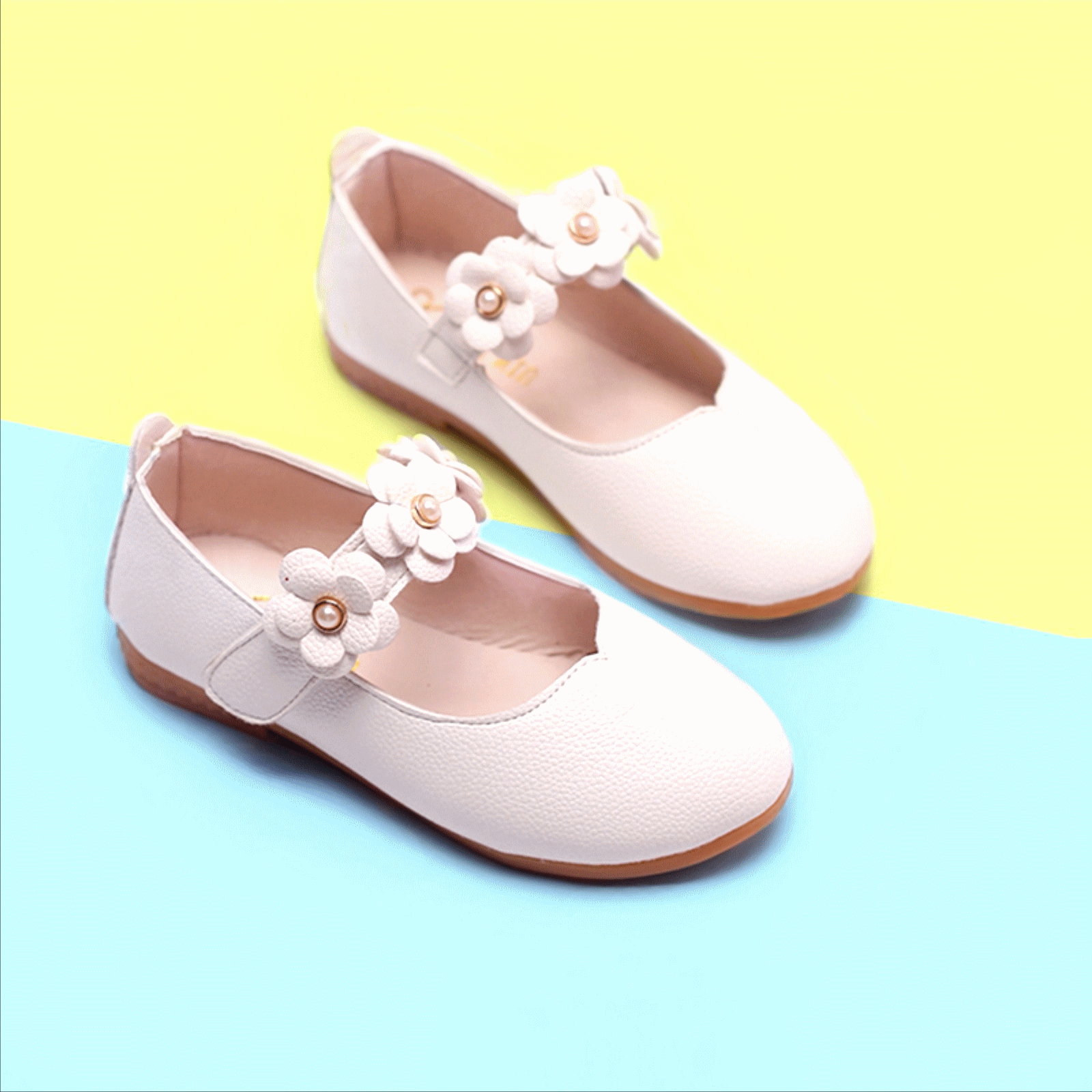 Chaussures enfants en cuir de vache fendu ronde avec perles pour printemps - Ref 1025170