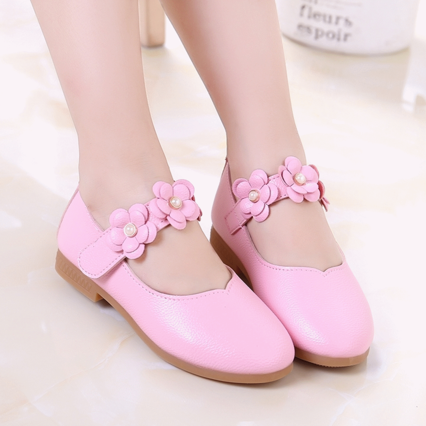 Chaussures enfants en cuir de vache fendu ronde avec perles pour printemps - Ref 1026138