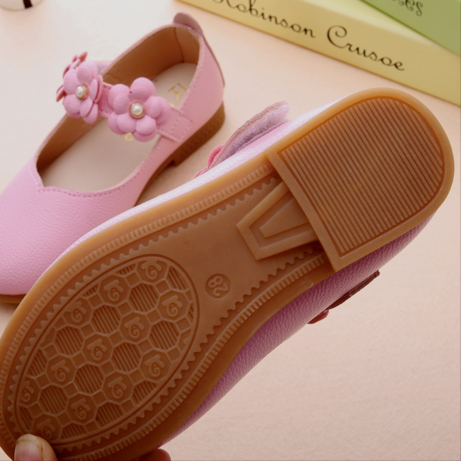 Chaussures enfants en cuir de vache fendu ronde avec perles pour printemps - Ref 1026230