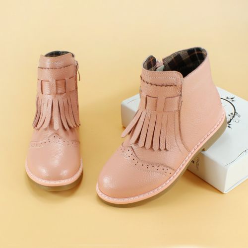 Chaussures enfants en cuir de vache fendu ronde métal pour printemps - Ref 1039459