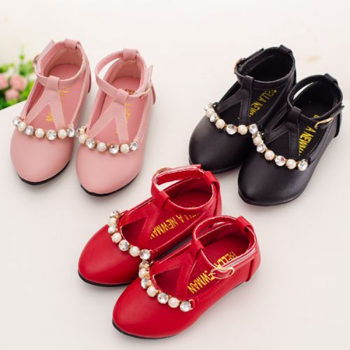 Chaussures enfants en cuir synthétique pointu avec perles pour printemps - semelle caoutchouc naturel Ref 983837