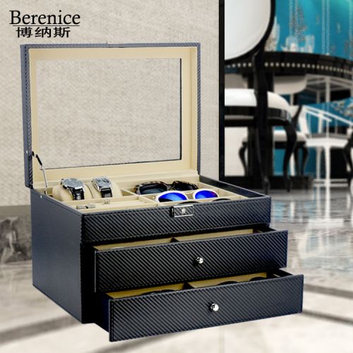 Etui à lunettes en corps de boîte en bois, enveloppé dans avancé modèle en fibre de carbone cuir PU - Ref 1249446