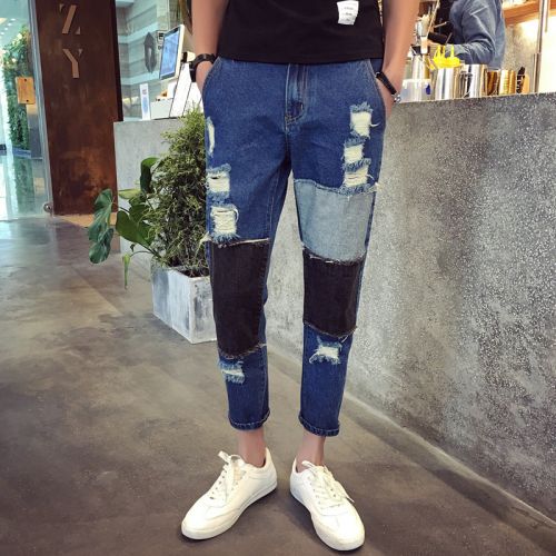 Jeans pour jeunesse pieds Slim de coton, polyéthylène téréphtalate PET fibres polyester nouveau été - Ref 1462148
