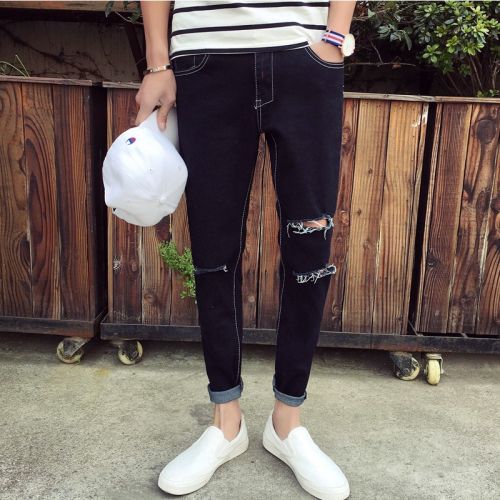 Jeans pour adolescent pieds Slim de coton, polyéthylène téréphtalate PET fibres polyester nouveau été - Ref 1462606