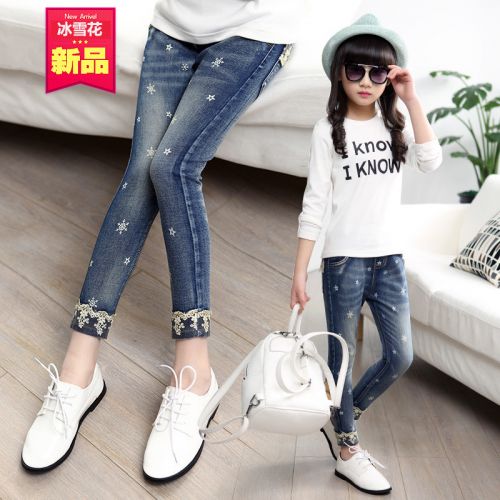 Pantalon fille jeans étoile à cinq branches en toile - Ref 2061226