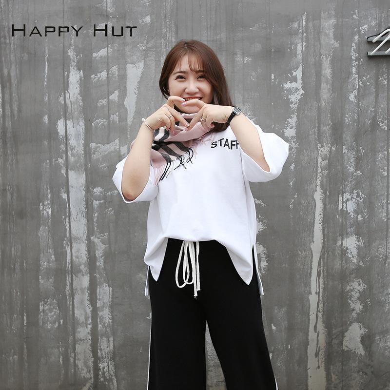 Tshirt femme HAPPY HUT en laine de coton poncé 380g - Ref 3315456